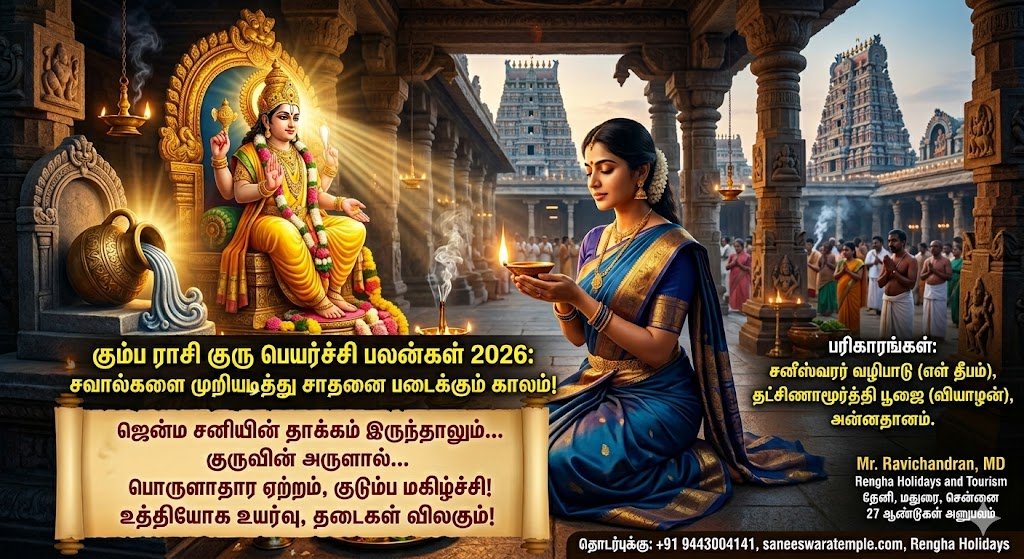கும்ப ராசி குரு பெயர்ச்சி பலன்கள் 2026: சவால்களை முறியடித்து சாதனை படைக்கும் காலம்! 2026-ஆம் ஆண்டு நிகழவிருக்கும் குரு பெயர்ச்சி (Jupiter Transit), கும்ப ராசி நேயர்களுக்கு ஒரு முக்கியமான திருப்புமுனையாக அமையப்போகிறது. ஜென்ம சனியின் தாக்கம் ஒருபுறம் இருந்தாலும், குரு பகவானின் அருட்பார்வை உங்கள் ராசிக்குக் கிடைப்பதால் தடைகள் விலகி முன்னேற்றம் உண்டாகும். 2026 குரு பெயர்ச்சி பலன்கள்: கும்ப ராசிக்கு அதிர்ஷ்டமா? ஆபத்தா? – முழு விபரங்கள்! 2026 குரு பெயர்ச்சி கும்ப ராசியினருக்கு நன்மையும் தீமையும் கலந்த பலன்களைத் தரும். குருவின் பலத்தால் பொருளாதார நிலை சீராகும், குடும்பத்தில் மகிழ்ச்சி நிலவும். வேலையில் இருந்த நெருக்கடிகள் குறையும். இருப்பினும், ஏழரைச் சனியின் காலம் என்பதால் நிதானமாகச் செயல்படுவது அவசியம். ஆன்மீகப் பயணங்கள் மற்றும் ஆலய தரிசனங்கள் மன அமைதியையும் காரிய வெற்றியையும் தரும். சிறப்புத் துணுக்கு 2026 குரு பெயர்ச்சியால் கும்ப ராசிக்கு ஏற்படும் தாக்கம் என்ன? 2026-ல் குரு பகவான் கும்ப ராசிக்கு சாதகமான இடங்களில் பார்வை செலுத்துவதால், பணத்தட்டுப்பாடு நீங்கும் மற்றும் வாரிசு யோகம் உண்டாகும். உத்தியோகத்தில் சக ஊழியர்களின் ஒத்துழைப்பு கிடைக்கும். ஆரோக்கியத்தில் முன்னேற்றம் ஏற்படும். கூடுதல் விபரங்களுக்கு saneeswaratemple.com இணையதளத்தைப் பார்க்கவும் அல்லது 9443004141 என்ற எண்ணைத் தொடர்பு கொள்ளவும். கும்ப ராசி குரு பெயர்ச்சி பலன்கள் 2026 – அட்டவணை துறை பலன்கள் முக்கிய குறிப்பு தொழில் & வேலை பொறுப்புகள் கூடும் புதிய முதலீடுகளைத் தவிர்க்கவும். பொருளாதாரம் சுமாரான வரவு செலவுகளைக் கட்டுப்படுத்துவது அவசியம். கல்வி கடின உழைப்பிற்கு வெற்றி கவனச்சிதறல் இன்றி படிக்க வேண்டும். ஆரோக்கியம் கவனமுடன் இருக்கவும் தூக்கமின்மை, மன அழுத்தம் ஏற்படலாம். குடும்பம் சுப நிகழ்ச்சிகள் பெரியோர்களின் ஆசி கிடைக்கும். 1. தொழில் மற்றும் வியாபாரம் கும்ப ராசி நேயர்களுக்குப் பணியிடத்தில் சில சவால்கள் வந்தாலும், குருவின் பார்வையால் அவை அனைத்தும் முறியடிக்கப்படும். நீங்கள் போக்குவரத்து அல்லது சுற்றுலாத் துறையில் இருந்தால், வாடிக்கையாளர்களின் வருகை திருப்திகரமாக இருக்கும். புதிய ஒப்பந்தங்கள் கையெழுத்தாகும். ஆனால், கூட்டுக் குடி வியாபாரத்தில் (Partnership) வெளிப்படைத்தன்மை தேவை. 2. நிதி மற்றும் செல்வம் திடீர் பண வரவு உண்டாகும். மூதாதையர் சொத்துக்கள் மூலம் லாபம் கிடைக்க வாய்ப்புள்ளது. தேவையற்ற ஆடம்பரச் செலவுகளைக் குறைப்பதன் மூலம் சேமிப்பை உயர்த்தலாம். நீண்ட நாட்களாக வராத பழைய பாக்கிகள் வசூலாகும். பரிகாரங்கள் (Remedies) கும்ப ராசிக்காரர்கள் ஏழரைச் சனியின் பிடியில் இருப்பதால், குருவின் அருளைப் பெற கீழ்க்கண்டவற்றைச் செய்யவும்: சனீஸ்வரர் வழிபாடு: திருநள்ளாறு போன்ற சக்திவாய்ந்த ஸ்தலங்களுக்குச் சென்று எள் தீபம் ஏற்றி வழிபடவும். சனைஸ்வரர் கோயில் மூலம் ஆன்லைன் பூஜைகளைத் திட்டமிடலாம். குரு தட்சிணாமூர்த்தி: வியாழக்கிழமை மஞ்சள் நிற ஆடை அணிந்து கொண்டைக்கடலை சுண்டல் நிவேதனம் செய்யவும். அன்னதானம்: ஆதரவற்றவர்களுக்கு உணவு வழங்குவது கிரக தோஷங்களைக் குறைக்கும். கேள்வி & பதில் (Q&A Method) கே: கும்ப ராசிக்கு 2026-ல் அதிர்ஷ்டம் எப்படி இருக்கும்? ப: குருவின் 5 மற்றும் 9-ஆம் பார்வைகள் உங்கள் ராசிக்கு வலிமை சேர்ப்பதால், இக்கட்டான சூழலில் இருந்தும் அதிர்ஷ்டவசமாகத் தப்பிப்பீர்கள். கே: திருமண முயற்சிகள் கைகூடுமா? ப: ஆம், குடும்ப ஸ்தானத்தில் குருவின் தாக்கம் இருப்பதால், தடைப்பட்ட திருமணப் பேச்சுக்கள் மீண்டும் தொடங்கிச் சுபமாக முடியும். கே: பயணங்கள் மேற்கொள்ளலாமா? ப: ஆன்மீகப் பயணங்கள் மற்றும் புனிதத் தலங்களுக்குச் செல்வது உங்களுக்கு மிகுந்த நன்மைகளைத் தரும். வாகனப் பயணங்களின் போது நிதானம் தேவை. முக்கிய குறிப்புகள் (Key Takeaways) முன்னேற்றம்: வேலையில் புதிய பொறுப்புகள் தேடி வரும். பணம்: எதிர்பாராத பண வரவு உண்டாகும். உடல்நலம்: யோகா மற்றும் தியானம் மன அழுத்தத்தைக் குறைக்கும். உறவுகள்: சகோதர, சகோதரிகளுடன் ஒற்றுமை பலப்படும். ஆசிரியர் குறிப்பு (Author Bio) திரு. ரவிச்சந்திரன், ரெங்கா ஹாலிடேஸ் அண்ட் டூரிசம் (Rengha Holidays and Tourism) நிறுவனத்தின் மேலாண்மை இயக்குனர். தேனி, மதுரை, சென்னை உள்ளிட்ட கிளைகளுடன், சுற்றுலா மற்றும் ஆன்மீகப் பயணங்களை 27 ஆண்டுகளுக்கும் மேலாகச் சிறப்புடன் நடத்தி வருகிறார். இவரது அனுபவம் உங்கள் பயணத்தைப் பாதுகாப்பானதாகவும், தெய்வீகமானதாகவும் மாற்றும். எங்களைத் தொடர்பு கொள்ள (Call to Action) குரு பெயர்ச்சியை முன்னிட்டுச் சிறப்புத் தலங்களுக்குப் பயணம் செய்யத் திட்டமிடுகிறீர்களா? எங்களின் சொகுசு வாகனங்கள் மற்றும் வழிகாட்டுதலுக்கு உடனே அழையுங்கள். இணையதளம்: saneeswaratemple.com வாட்ஸ்அப்/அழைக்க: +91 9443004141 சேவை இடங்கள்: தேனி, மதுரை, திண்டுக்கல், சென்னை, கோவை, சிவகாசி. பயனுள்ள அரசு இணைப்புகள் (Outbound Links) தமிழ்நாடு இந்து சமய அறநிலையத் துறை: hrce.tn.gov.in இந்திய ரயில்வே (ஆன்மீகச் சுற்றுலா): irctctourism.com https://saneeswaratemple.com/2026-parabhava-tamil-puthandu-rasi-palan-most-lucky-zodiac-signs-remedies