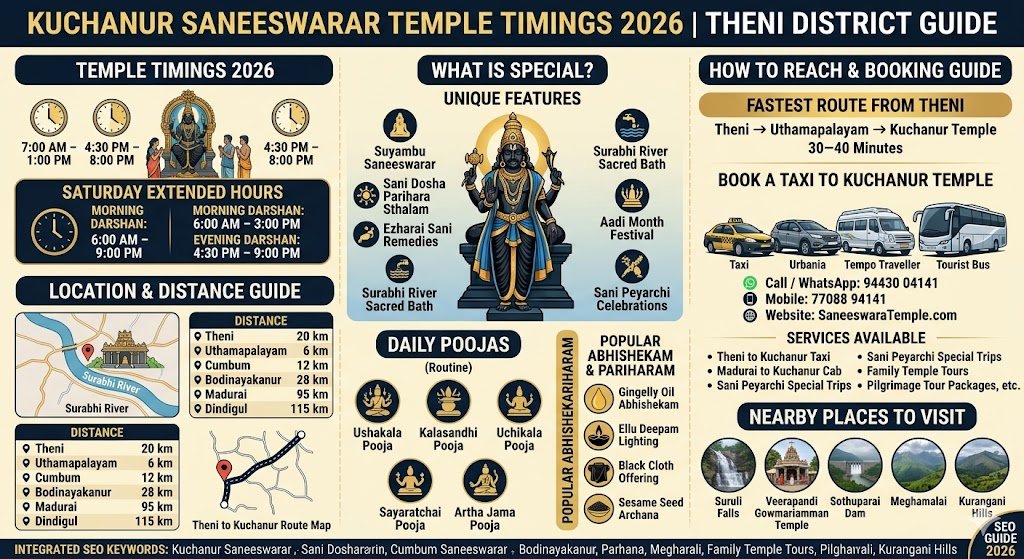 Kuchanur Saneeswarar Temple Timings 2026 Theni to Kuchanur Distance Route Pooja Abhishekam Specialities